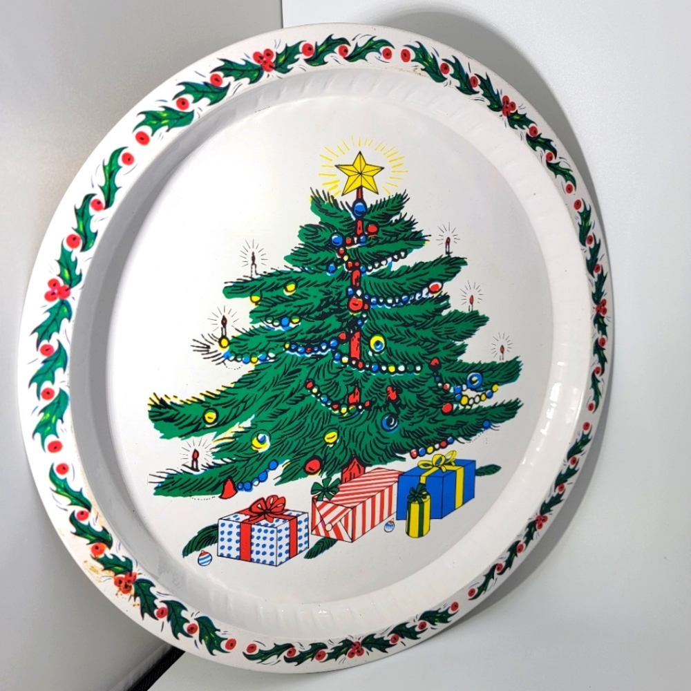 Vintage The Ullman Co Holiday Christmas Tree Round Metal Serving Tray 13 Inches